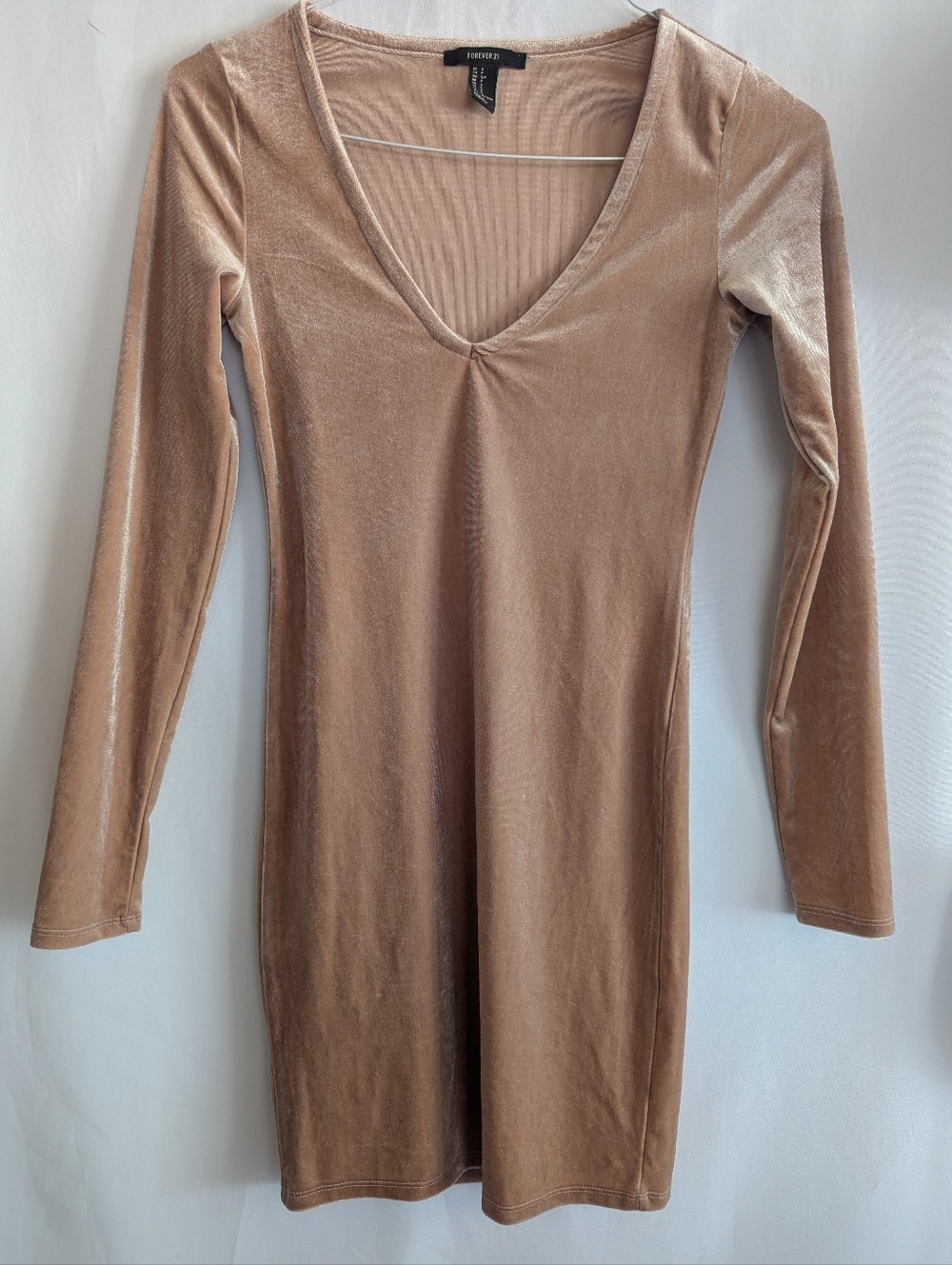 Forever 21 Small Tan Velvet V-Neck Long Sleeve Short Dress Bodycon Elegant Sexy